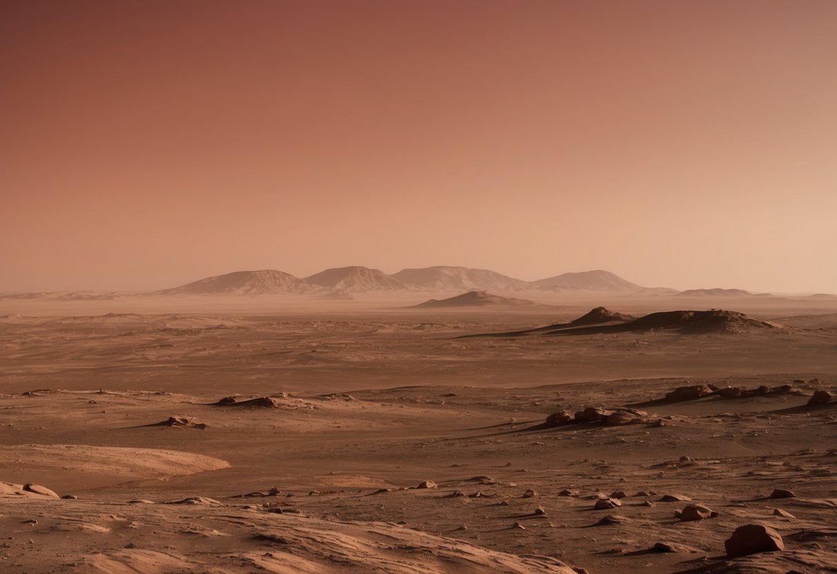 A barren Martian landscape with a red sky, rocky terrain, and distant mountains. The atmosphere is thin and hazy, with no signs of life